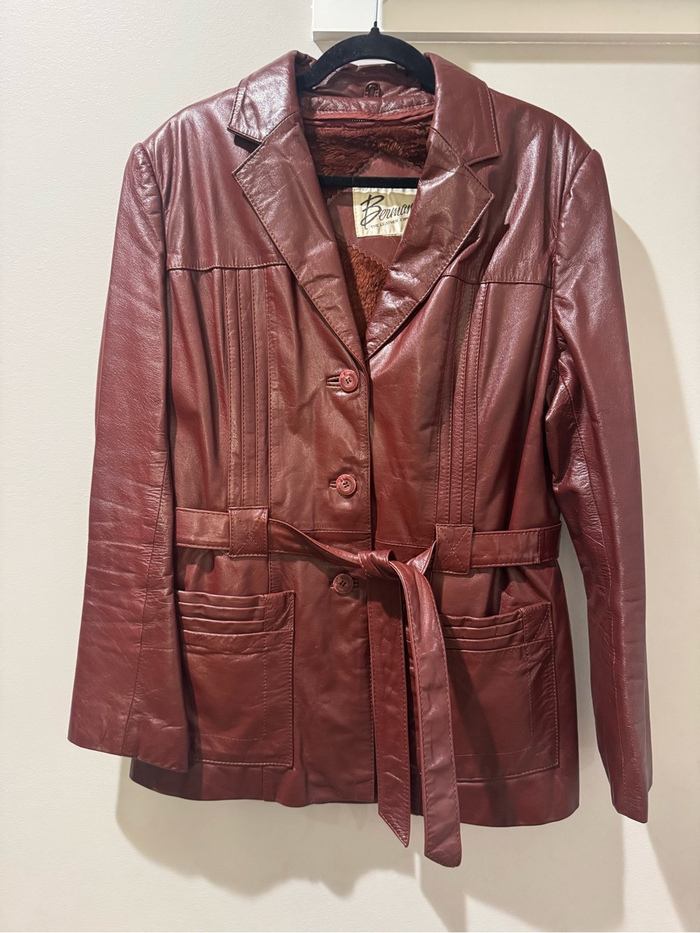 Vintage 70s Bermans Oxblood Burgundy Leather Faux Fur Lined Belted Jacket Boho